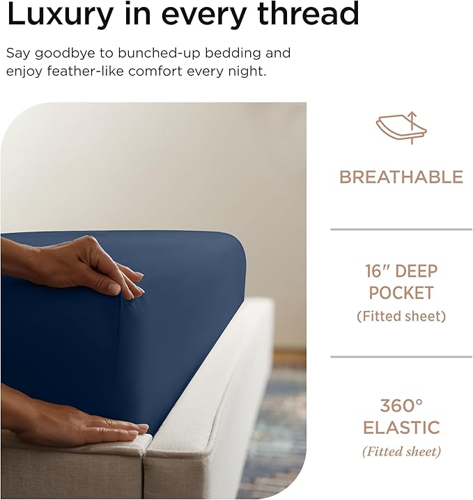 Threadmill Luxury 800 Thread Count Queen 100% Cotton Sheets - Folkstone Blue Sateen Weave Bed-Sheets, Better Than Egyptian Cotton,4 Pc Solid Soft Bed Set, Fits 16" Deep Pocket