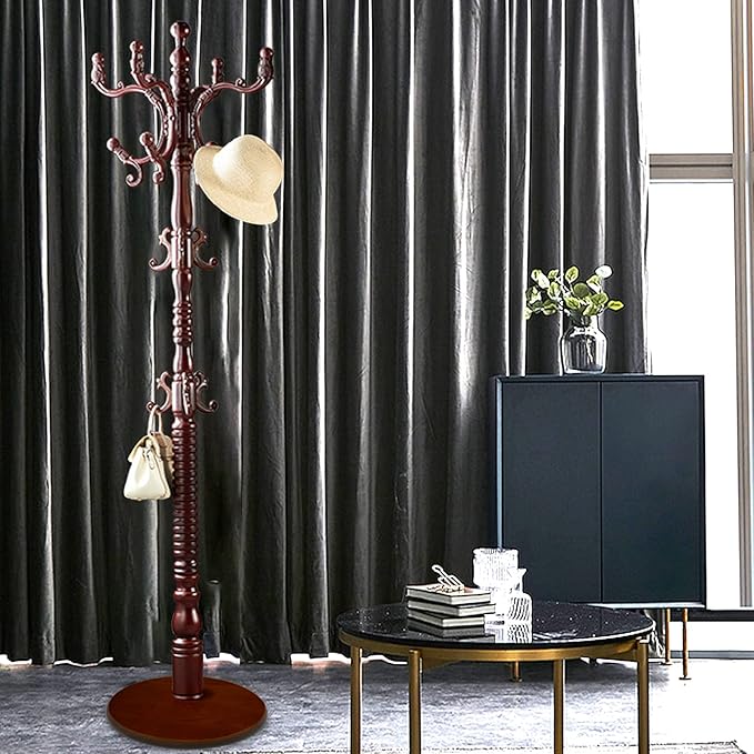 Standing Coat Rack Coat Tree Freestanding Wooden Coat Rack Modern Coat Racks Office Coat Stand for Hat Purse Corner Entryway (black red)