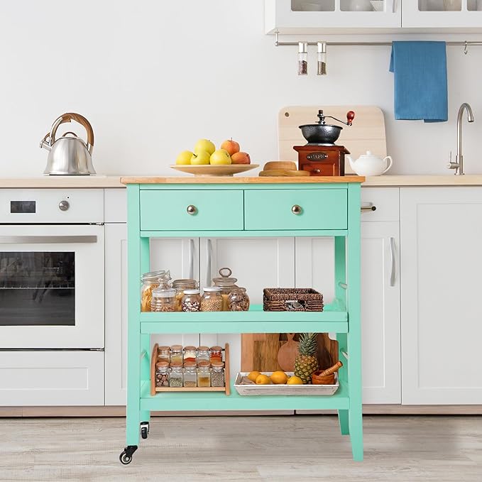 Rolling Kitchen Island Cart, Teal Kitchen Cart with Rubberwood Top, Ample Storage Drawers, Adjustable Shelves, Utility Cart with Wheels for Small Kitchens, 35” Height