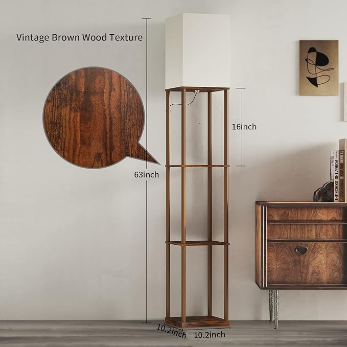 SUNMORY Floor Lamp with Shelves, Modern Square Standing Lamp with 3 Color Temperature Bulb, Corner Display Bookshelf Lamp for Living Room and Bedroom (Rustic Brown)