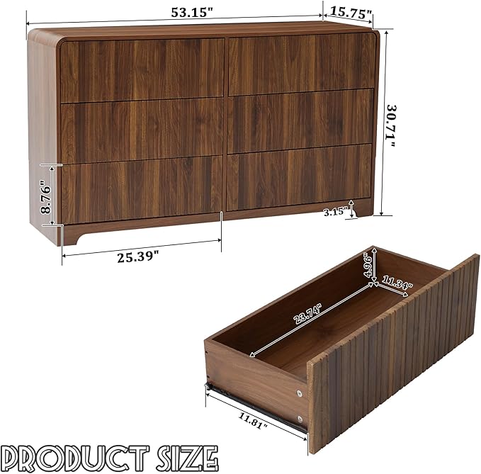 Fluted 6 Drawers Dresser for Bedroom, 53" Wide Mid Century Modern Chest of Drawers with Curved Profile Design, Large Wood Double Dresser for Living Room (Walnut)