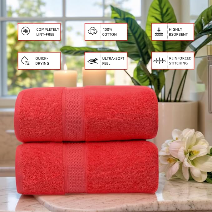 Super Absorbent Quick Drying | Hotel Grade Extra Large Bath Towels, 2-Piece Set, Bathroom Luxury Soft Towels-650GSM Cotton Luxury Beach Bath Towel 80x160cm (31.5x63 inches)(Watermelon red)
