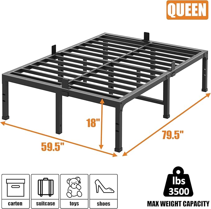 FUIOBYVV Queen Bed Frame 18 inch Heavy Duty Metal Platform Bed Frame Queen Size Support Up to 3500 lbs,No Box Spring Needed/No Shaking/Steel Slat Support/Noise Free/Easy Assembly