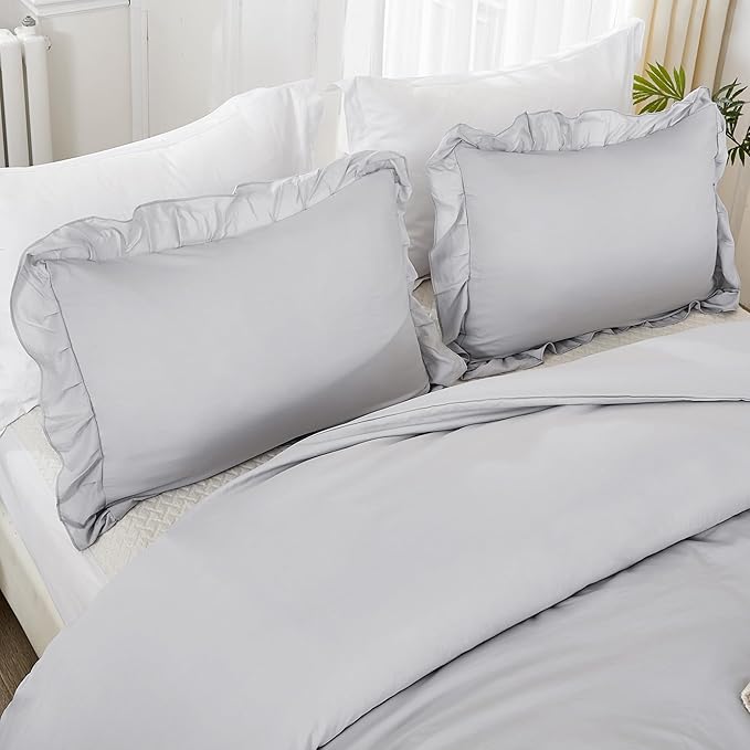 Litanika Light Grey Full Size Comforter Sets, 3 Pieces Ruffle Farmhouse Aesthetic Bedding Comforter Sets, All Season Soft Lightweight Fluffy Microfiber Bed Set(79x90In Comforter, 2 Pillowcases)