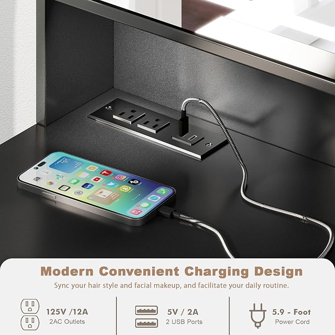 Hadulcet Vanity Desk with Mirror and Lights, LED Vanity with Power Outlet, Makeup Vanity with 2 Drawers, 10 Storage Shelves and Acrylic Door Cabinet for Bedroom Dressing Room, 43" Black