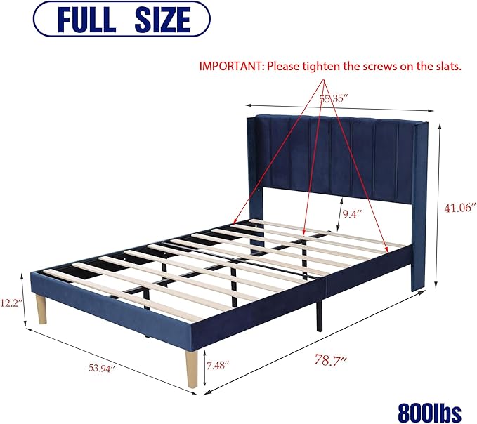 Upholstered Platform Full Size Bed Frame with Headboard Wooden Slats Support No Noise Easy Assembly Blue Velvet
