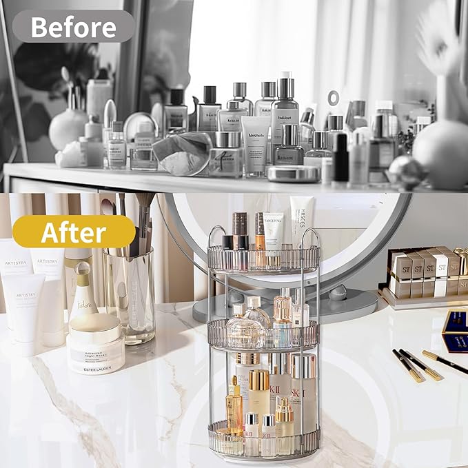 360 Rotating Makeup Organizer,3 Tier Large Capacity Make Up Organizers and Storage,Makeup Organizer for Bathroom,Cosmetic Perfume Stand Organizer(Grey-3 Tier)