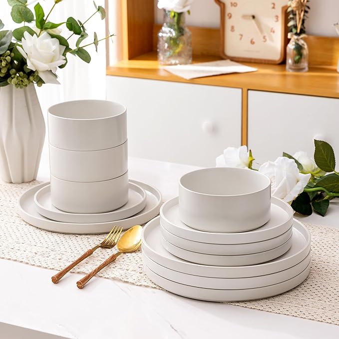 GBHOME Ceramic Dinnerware Sets for 8, Stoneware Plates and Bowls Sets, Chip and Scratch Resistant Dishes, Dishwasher & Microwave& Oven Safe Dishes sets, Reactive Glaze-White