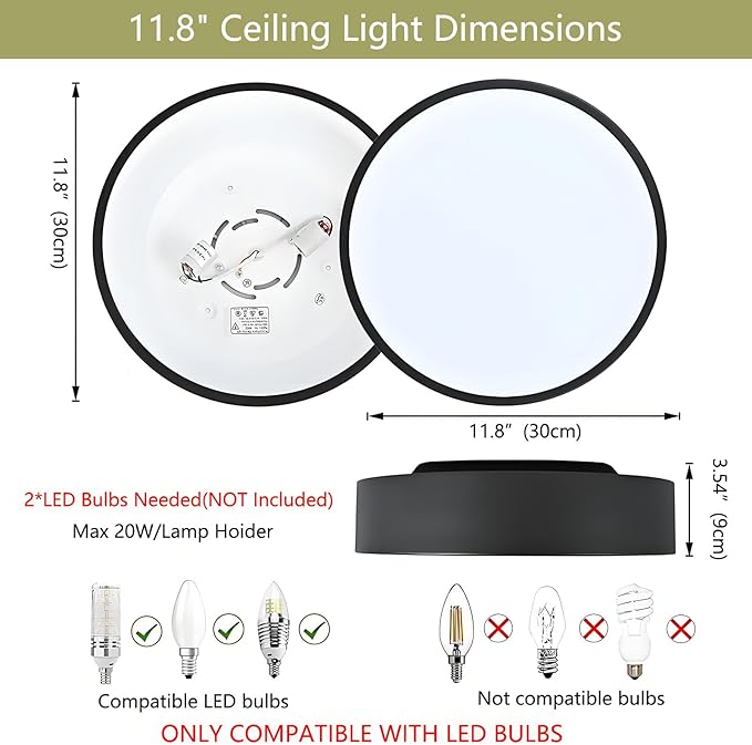 Modern Flush Mount Ceiling Light, 2-Lights Black Ceiling Light, Minimalistic Ceiling Lamp Acrylic Shade Lighting Fixture for Bedroom Laundry Room Foye Hallway(11.8 Inch)