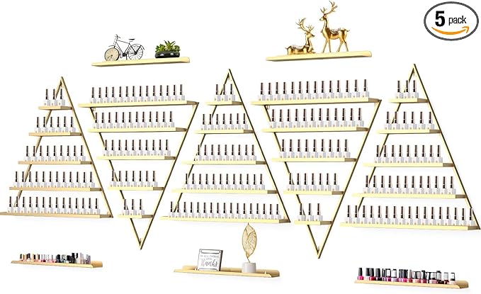 10PCS Metal Wall-mounted Nail Polish Storage Racks, Lorvain 5 Tiers Gold Triangular Display Rack Cosmetic Display Cases Lipstick Perfume Wall Shelf Essential Oil Organizer for Home Spa Nail Salon Shop