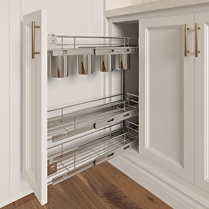 3-Tier 5" W x 21" D Narrow Pull Out Cabinet Organizer, Roll out Spice Rack Holder Shelve, Slide Out Slim Storage Wire Baskets for Storage Organization
