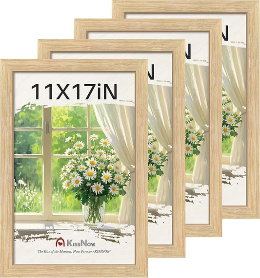 11x17 Picture Frame 4 Pack, Natural Oak Wood, Wall Gallery Poster Frame