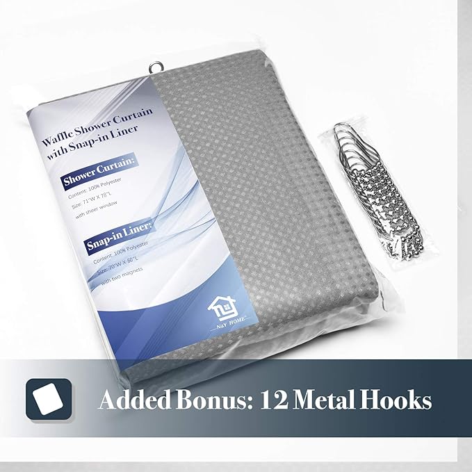 N&Y HOME Long Waffle Weave Shower Curtain with Snap-in Fabric Liner and 12 Hooks Set - 71" x 78", Hotel Style & Mesh Top Window, Machine Washable, Water Repellent - 71x78, Gray