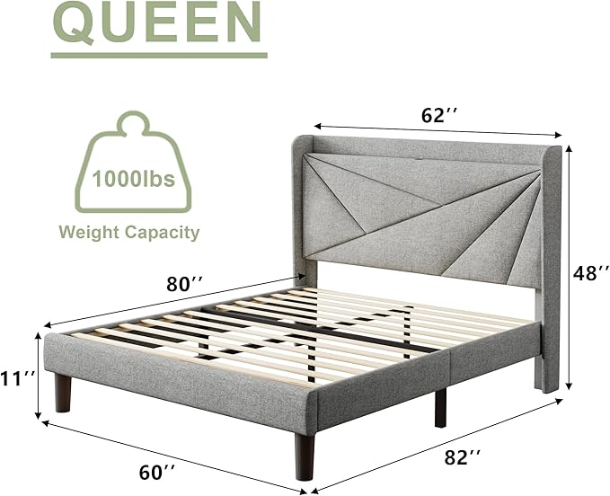 Feonase Queen Bed Frame with Charging Station, Linen Upholstered Platform Bedframe with Wingback Headboard, Solid Wood Slats Support, Noise Free, No Box Spring Needed, Light Grey
