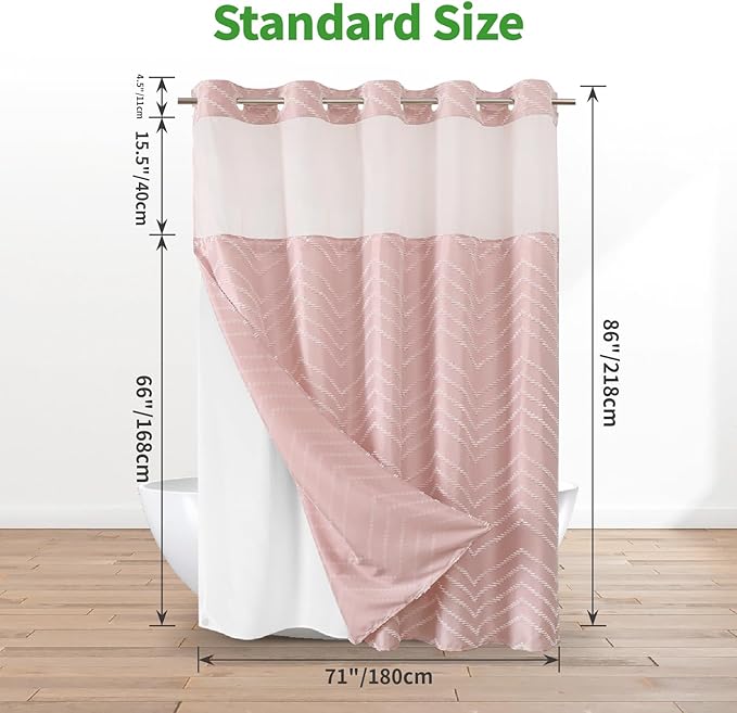 Extra Long Blush Pink No Hook Shower Curtain with Snap-in Liner,Boho White Woven Fabric Tufted Chevron Striped Design,Modern Chic Minimalist Bathroom Curtain,71x86