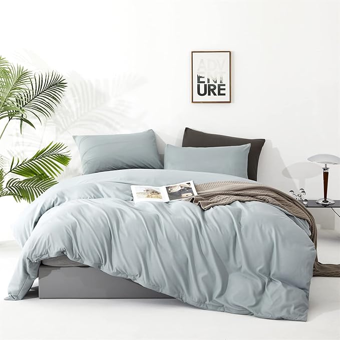 Cottonight Blue Comforter Set King Light Blue Bedding Comforter Set Solid Haze Blue Blanket Quilts Modern Soft Breathable Simple 3 Piece Baby Blue Comforter Set for Women Men King Bed