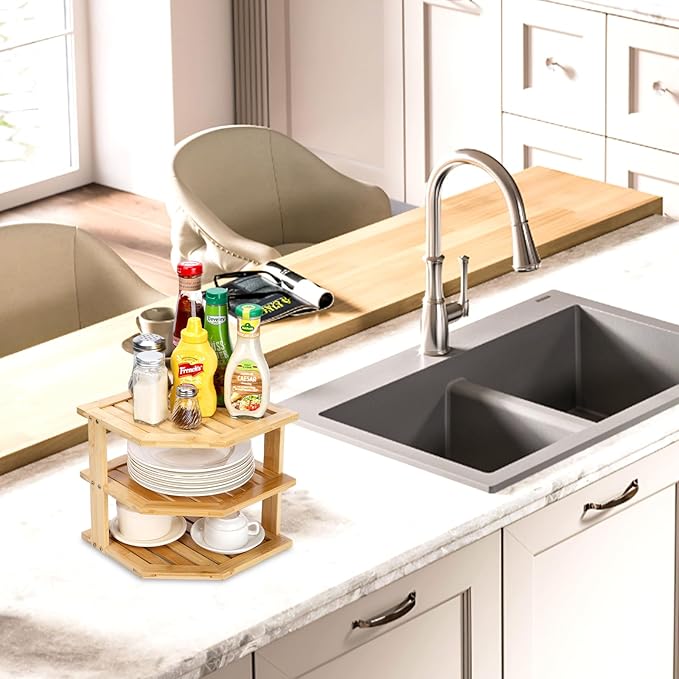 3-Tier Design Bamboo Corner Cabinet Organizer Countertop Kitchen Corner Rack, Plate Organizer for Cabinet Space Saver, Dishes, Bread Pantry, Bathroom Storage Racks or Countertop Racks