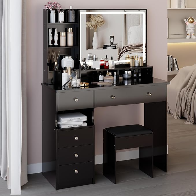 41" Vanity Desk with Mirror and Lights, Makeup Table with Led Mirror, 3 Lighting Colors, Vanity Set with 6 Drawers and Stool for Bedroom, Black