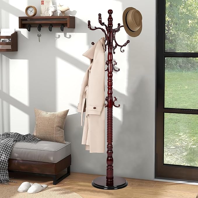 Coat Racks Freestanding, Natural Wood Coat Stands with 14 Hooks, 73" Heavy Duty Adjustable Height Vintage Hall Tree for Entryway, Bedroom, Office, Easy Assembly (Rosewood)