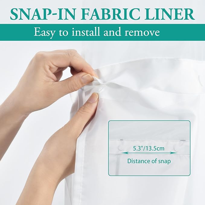 No Hook Beige Khaki Striped Stall Shower Curtain with Snap in Fabric Liner Set - Hotel Shower Curtain and Liner Set with See Through Mesh Top Window,Machine Washable, 54x80 INCH