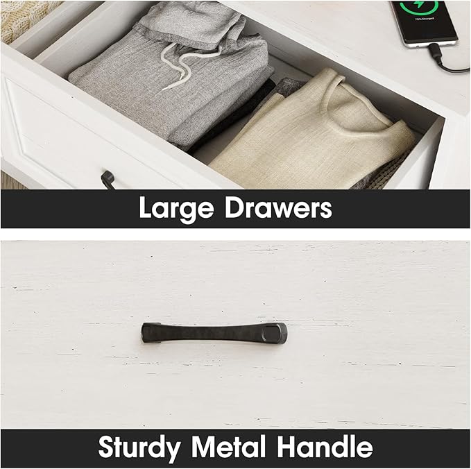 Fameill Dresser for Bedroom, 6 Drawer Wide Dresser Organizer with Charging Station for Hallway with Metal Handles, Woodgrain White