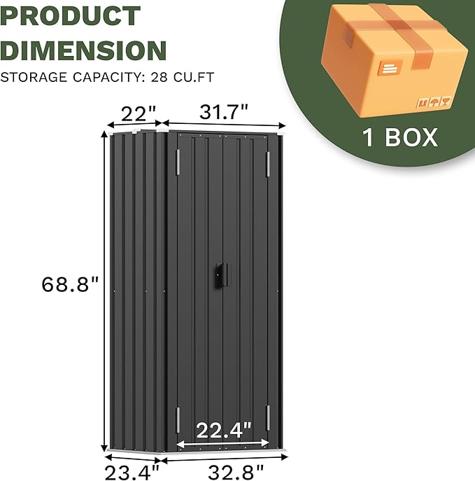 Patiowell 28 Cuft Outdoor Storage Cabinet, Metal Storage Shed with 3 Adjustable Shelves, Indoor Outdoor Vertical Waterproof Tool Shed with Lockable Door for Patio Garden Backyard, Black