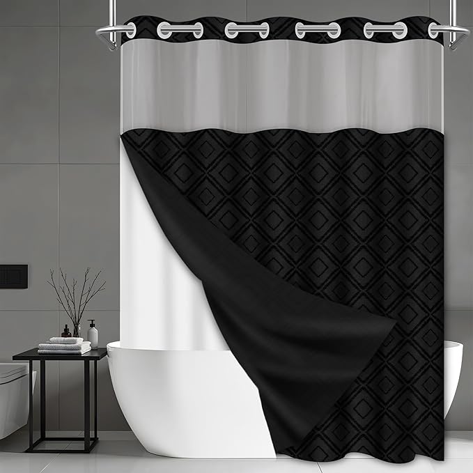 No Hook Shower Curtain Set with Snap in Liner, Black Jacquard Tufted Geometric Bath Curtain, Boho Luxury Hotel Bathroom Decor, Waterproof Washable, 71 x 74 Inch