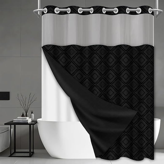 No Hook Shower Curtain Set with Snap in Liner, Black Jacquard Tufted Geometric Bath Curtain, Boho Luxury Hotel Bathroom Decor, Waterproof Washable, 71 x 74 Inch