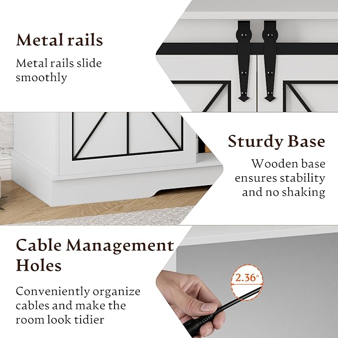 Farmhouse TV Stand for 55 60 65 Inch TV,Mid Century Modern TV Cabinet with Storage Sliding Barn Doors,Easy Assembly,Entertainment Center Console Table for Bedroom Living Room-White&Metal Black