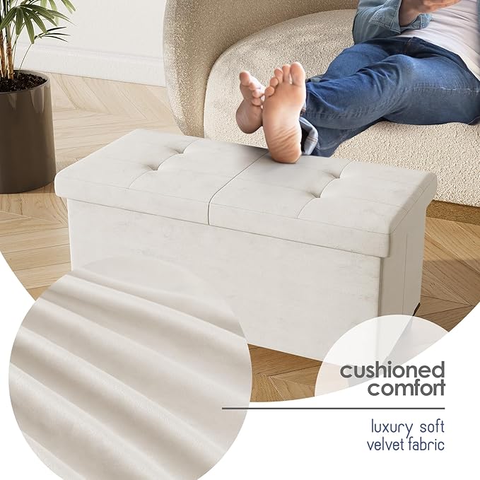 STORAGEBUD Storage Ottoman Bench with Bins, 30-in Storage Bench for Bedroom End of Bed, Folding Foot Rest Ottoman for Living Room Max 660lbs, Velvet Ottomans, Cream