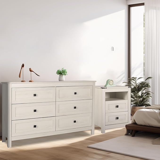 Farmhouse 6 Drawers Dresser with 2pcs Nightstands, Wood Double Dresser Chest of Drawers Wide Storage Organizer Cabinet for Bedroom, Living Room, Rustic Beige