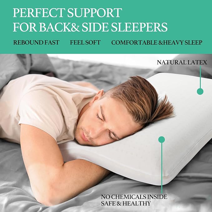 Latex Pillow, 100% Talalay Natural Latex Pillow, Soft Sleeping Bed Pillows with Cotton Cover, Queen Size, Perfect for Side/Back Pain, Stomach, Neck, Stress Relief (King)