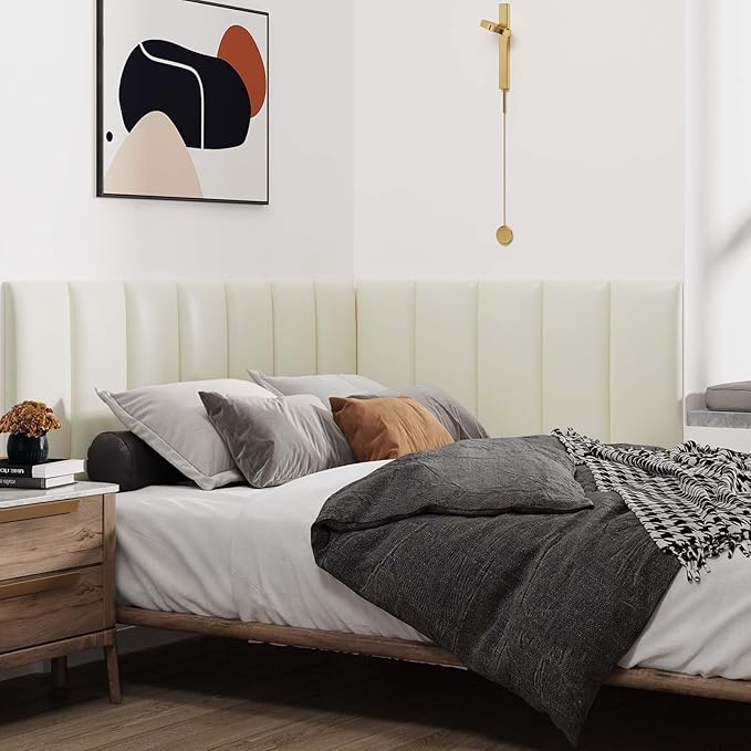 IFNOW Wall Mounted Upholstered Headboard Full, 3D Peel and Stick Soundproof Wall Panels, Reusable and Removable Padded Headboard Leather Bed, 6 Panels 9.84" x 23.62", Beige