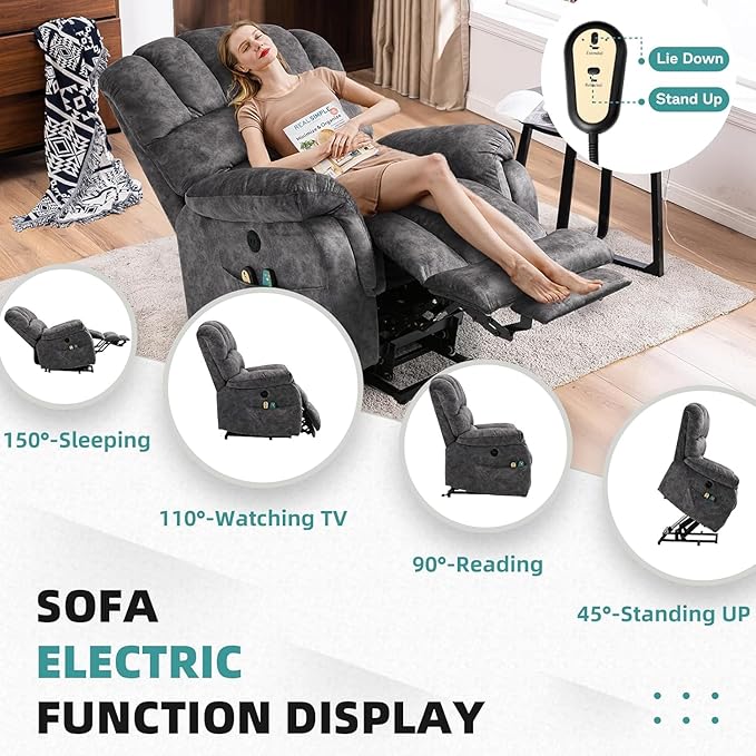 MEETWARM Large Power Lift Electric Recliner Chair with Extended Footrest for Elderly, Big and Tall Lift Chair for Seniors Reclining Chair with Vibration Massage and Heated, USB Ports(Plush-Grey)