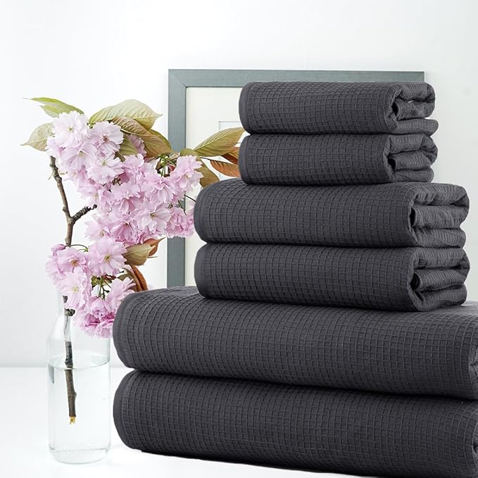 CASA COPENHAGEN Waffle Terry Towel 6Pcs Set, Cotton Extra Large Luxurious- Pine Grey, 2Bath Sheets XL- 35 x 70 Inch, 2Large Hand Towels- 20 x 31Inch, 2Large Washcloths- 16 x 16 Inch