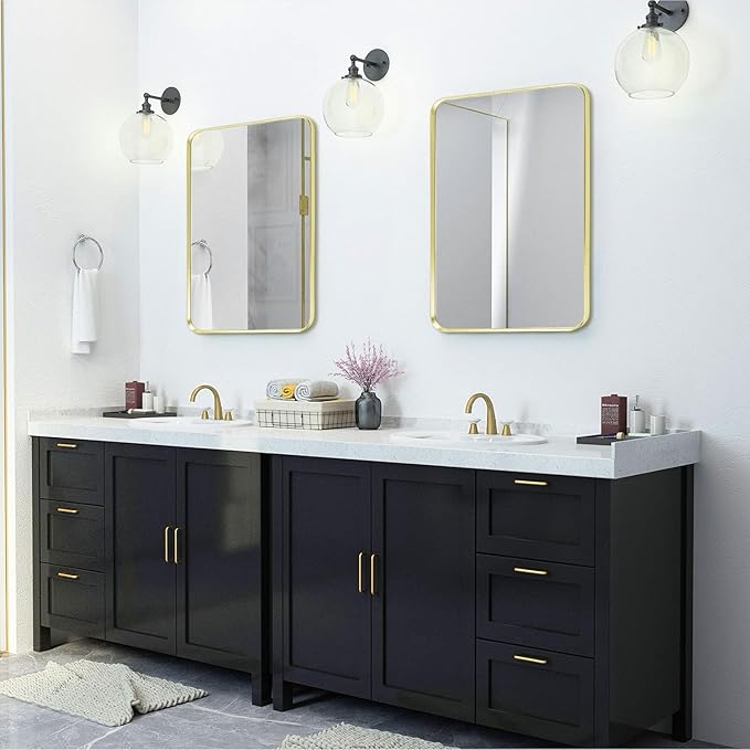 Wall Mount Mirror for Bathroom, Brushed Gold Metal Framed Rounded Corner Rectangular Vanity Mirror (24" x 30", Gold)