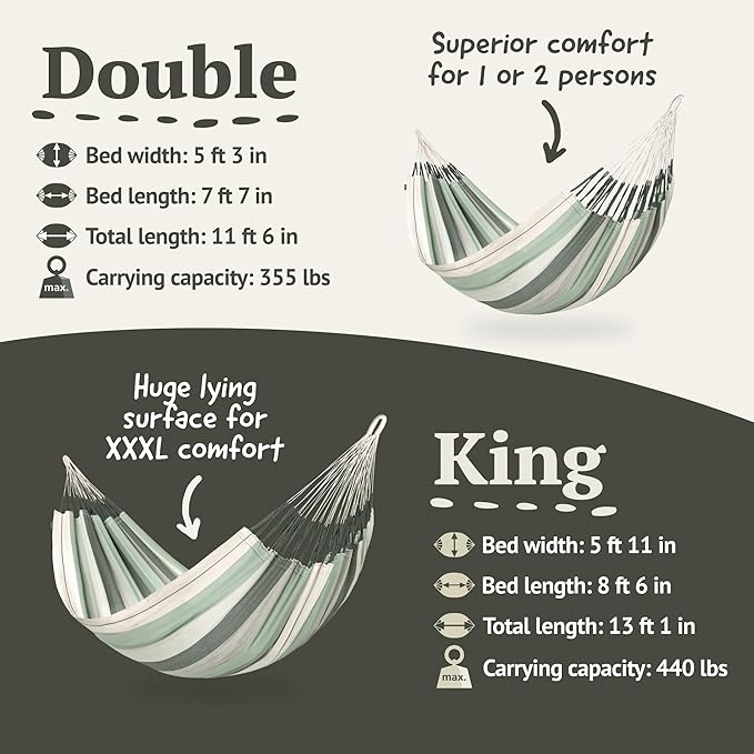 LA SIESTA Modesta Organic Cotton Indoor/Outdoor Hammock, Max 355 Lbs, 2-Person, Olive