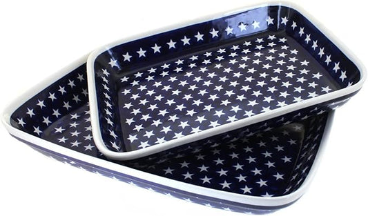 Blue Rose Polish Pottery - Blue Stars Rectangular Baker Set - 2 Bakers - Unique, Dishwasher Safe, & Durable Bakeware