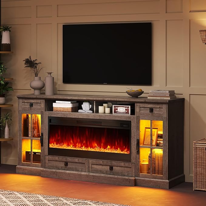AMERLIFE 70” Fireplace TV Stand for 80 Inch TV, Farmhouse TV Stand with 42" Fireplace & LED Lights, Entertainment Center with Storage Drawers & Cabinets, Light Oak