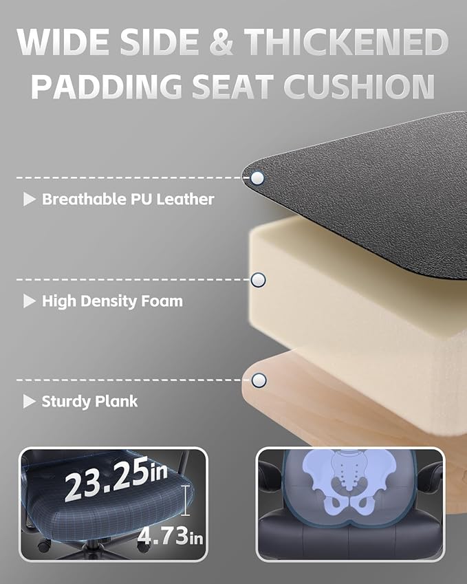 Office Chair Big and Tall 500lbs, Desk Chair Comfy, Oversized Computer Gaming Chair Extra Wide, Executive PU Leather Heavy Duty, High Back Swivel Rocking Chairs with Wheels for Home,Black