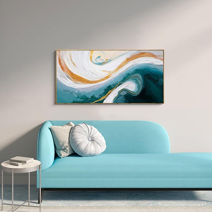 XLSJERST Abstract Canvas Wall Art for Living Room - Large Frame Blue and White Wall Decor Picture Modern Orange Painting Artwork for Bedroom Home Office Decoration Size 40x20 Inches