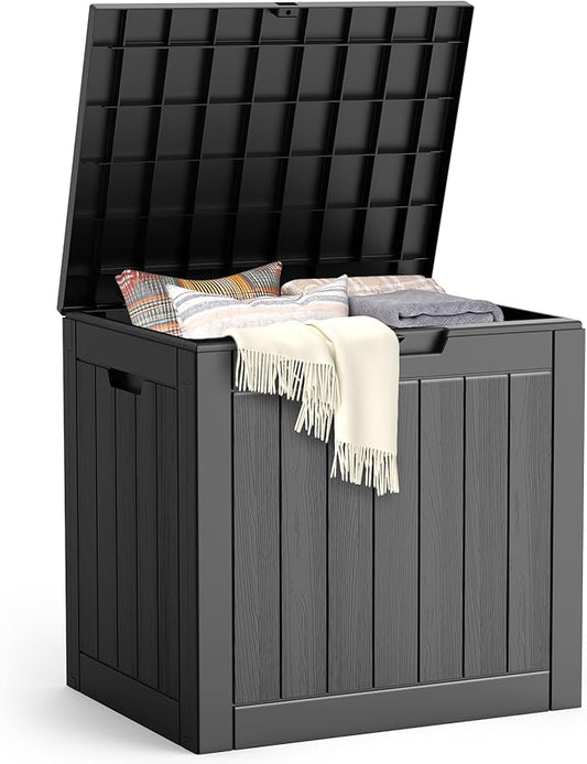 Outdoor Storage Box, 31 Gallon Waterproof Resin Deck Box, Storage Bin for Package Delivery, Patio Furniture Cushion, Garden Tools, Pool Accessories, Weatherproof and UV Resistant, Black