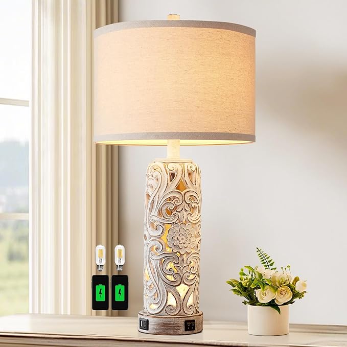 RORIANO Rustic Farmhouse Table Lamps for Living Room Bedroom, Vintage Bedside Lamp with Dual USB Port, Antique White Resin Retro Nightstand Lamps with Night Light, Bulbs Include