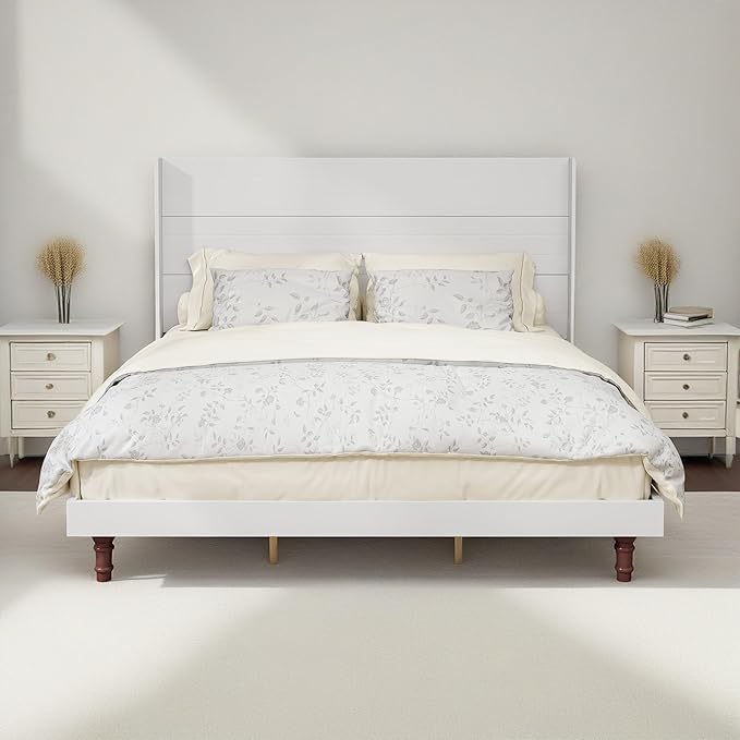 GDFStudio Tall Headboard King Size Bed,Platform Bed Frame with High Back,Wooden Slat Mattress Support No Box Spring Needed Easy Assembly Minimalist Designs 54" H White