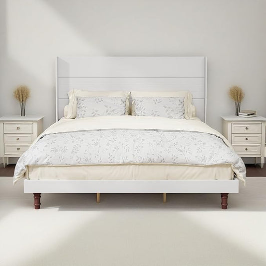 GDFStudio Tall Headboard King Size Bed,Platform Bed Frame with High Back,Wooden Slat Mattress Support No Box Spring Needed Easy Assembly Minimalist Designs 54" H White