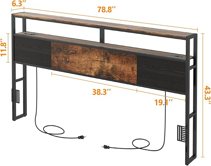 King Size Headboard, Headboards with Charging Station, USB Port and LED Light, Head Board with 2-Tier Storage Shelf, Adjustable Height, Easy Assembly, Sturdy and Stable, Rustic Brown
