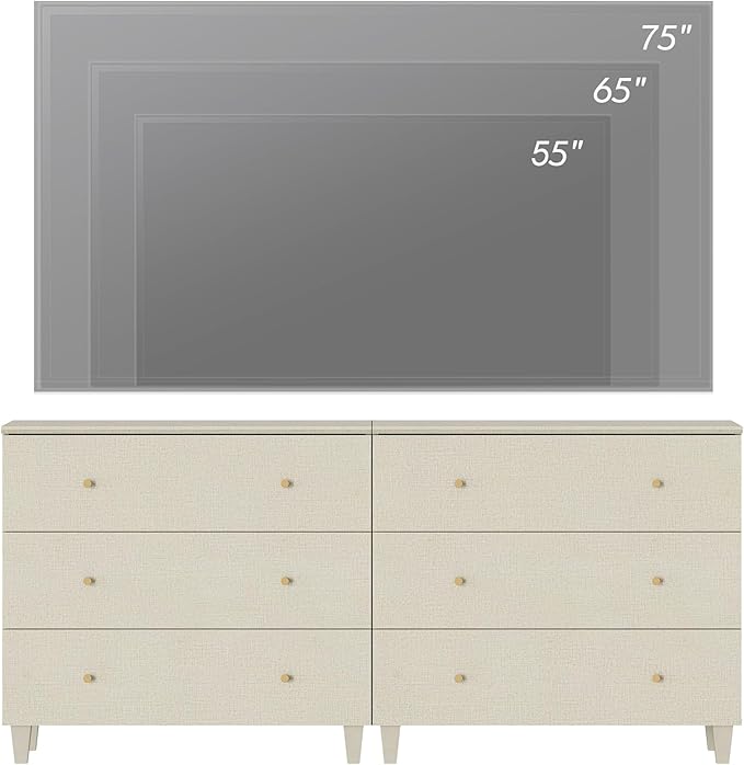 WAMPAT TV Stand Dresser for 75+ Inches TVs, 2-in-1 Wood Media Console Table with 6 Drawers, Modern Highboy Entertainment Center with Storage for Living Room Bedroom, Beige Linen