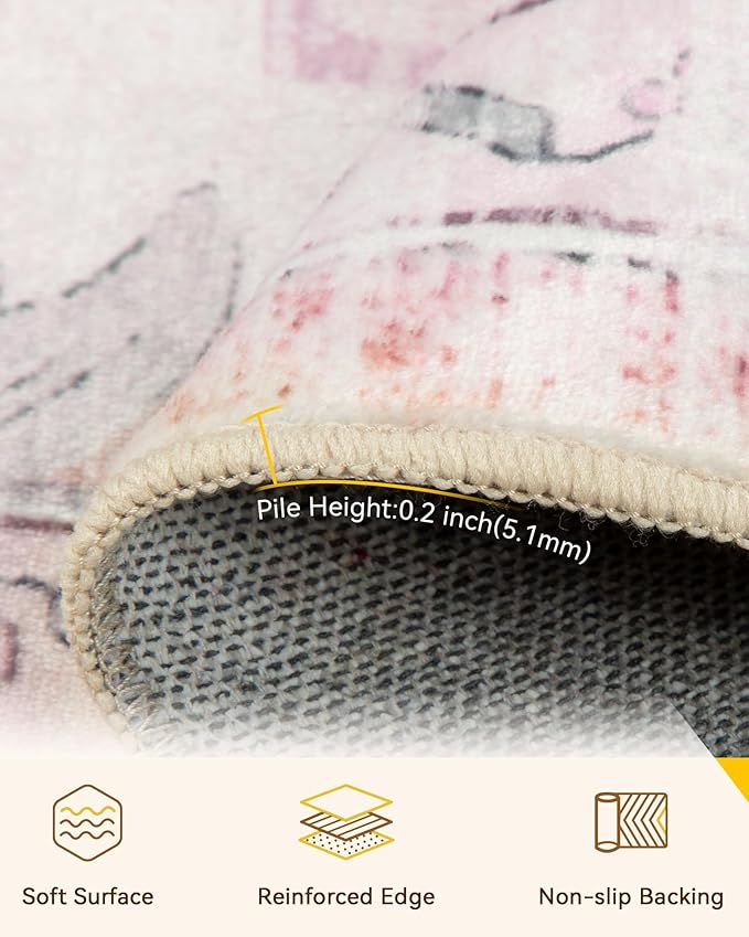 Area Rugs 2'x6' Washable Non-Slip, Floral Vintage Distress Print Pattern Medallion Carpet for Living Room Bedroom Dining Room, Pink Greypink Cute