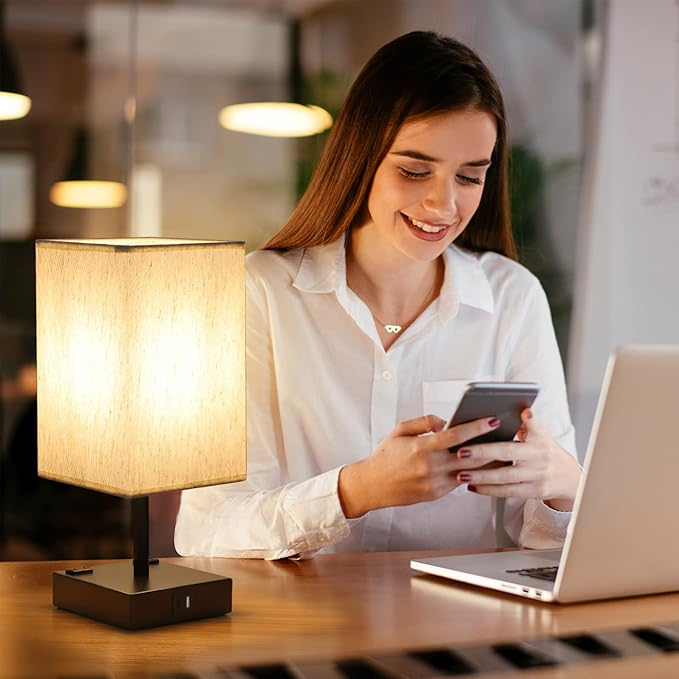 Bedside Table Lamp for Bedroom - Touch Small Lamp with USB C+A Charging Ports & AC Outlets, 3 Way Dimmable Nightstand Light for Living Room (LED Bulb Included, Flaxen)