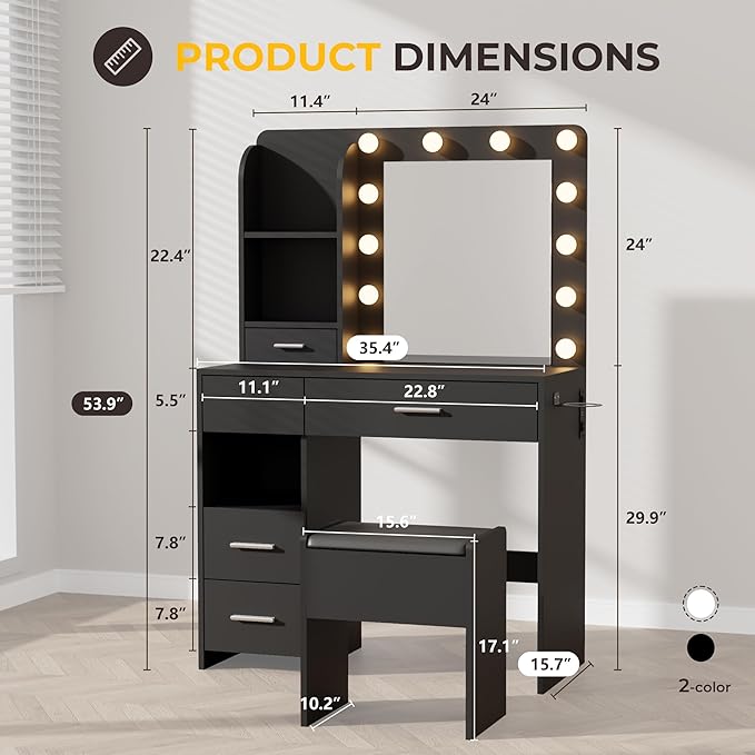 Vanity Desk with LED Lighted Mirror&Power Outlet, 3 Lighting Colors Makeup Vanity Desk with 5 Large Drawers and 3 Storage Shelves, Black Vanity Dresser with Storage Stool for Bedroom